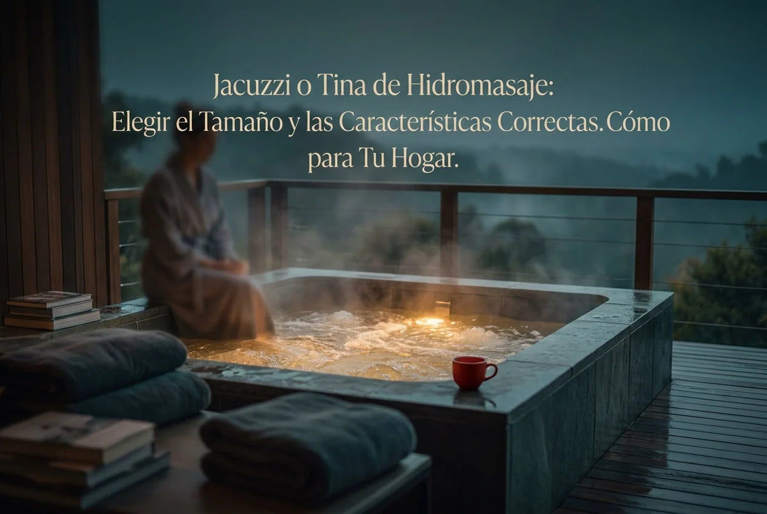 Professional header image for educational tutorial: Jacuzzi o Tina de Hidromasaje: Cómo Elegir el Tamaño y la...