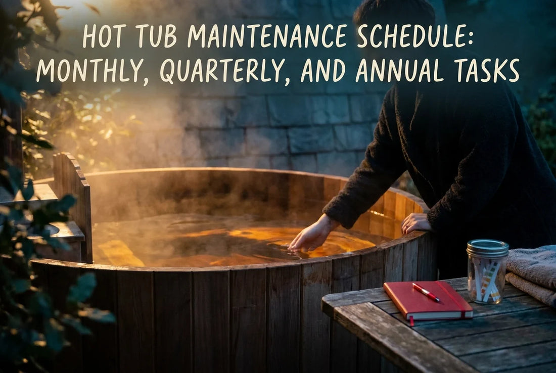 Professional header image for educational tutorial: Hot Tub Maintenance Schedule: Monthly, Quarterly, and Ann...